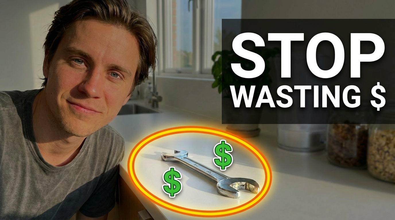Man at home with tools and dollar signs representing the cheapest way to become more independent through budget-friendly DIY solutions
