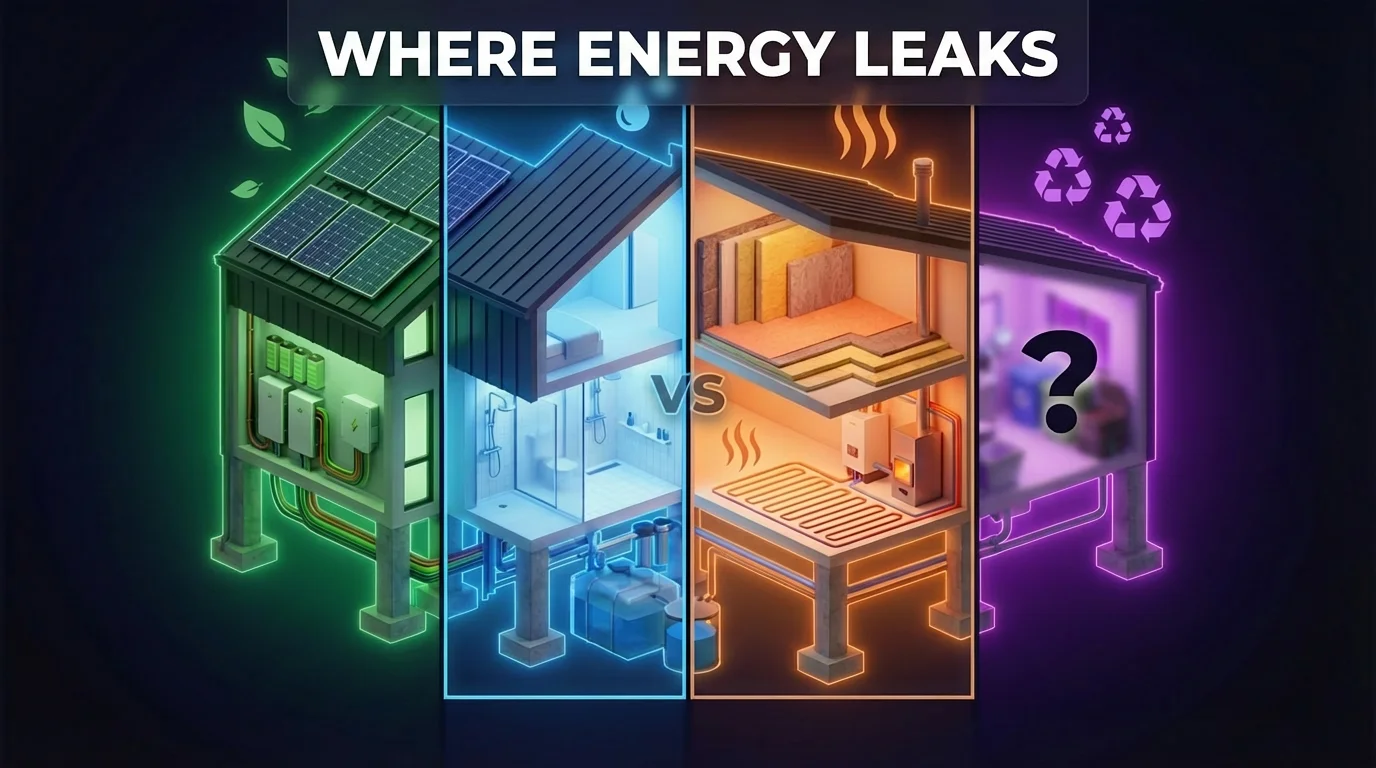 Zero bill house diagram showing integrated home systems including solar power, rainwater harvesting, and energy-efficient appliances that eliminate utility costs