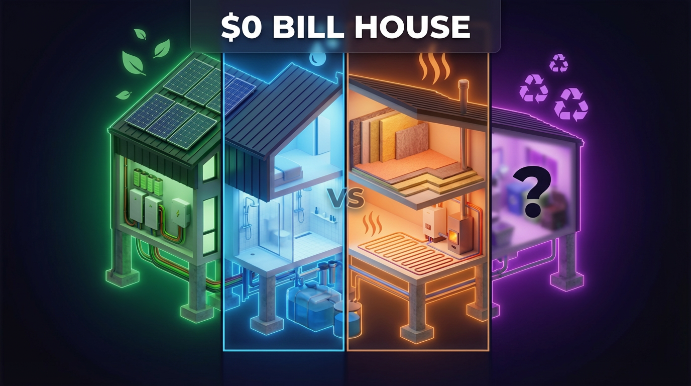 Comprehensive home independence systems diagram showing power, water, heating and waste management solutions for self-sufficient households