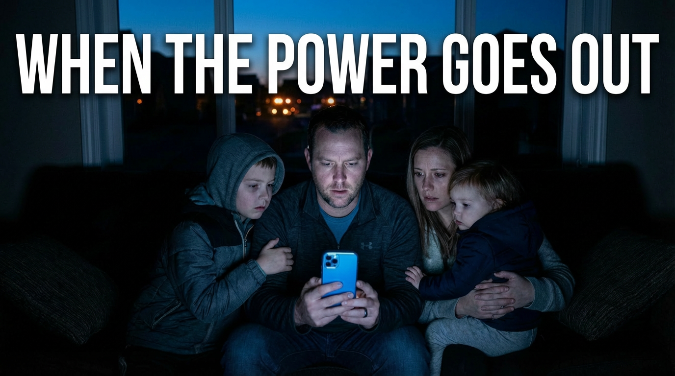 Family gathered in dark home with children checking phone during power outage to assess what backup systems still work