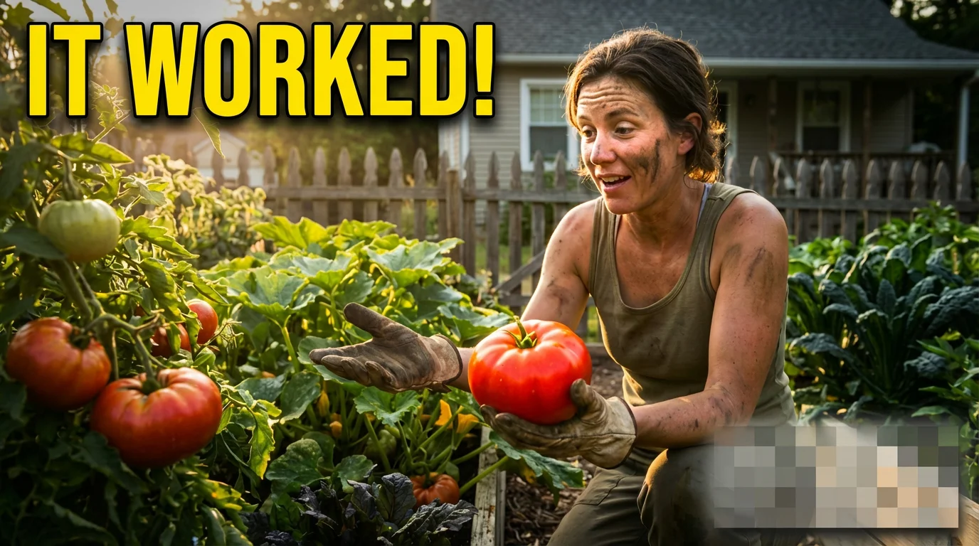 Successful homesteader harvesting ripe tomatoes from productive backyard garden demonstrating effective minimum viable self-sufficiency food production setup