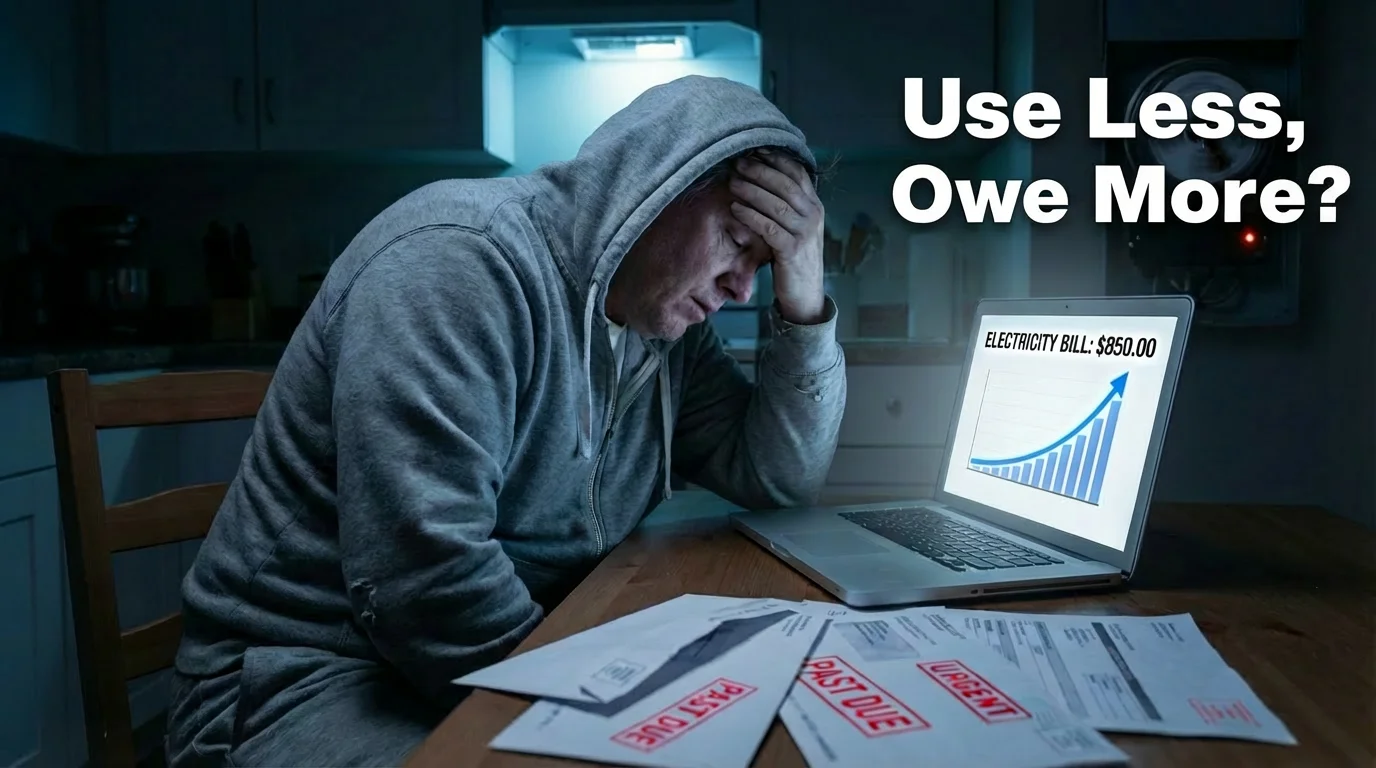 Person reviewing increasing electricity bills on laptop with past due notices showing rising utility costs despite flat or decreasing energy consumption