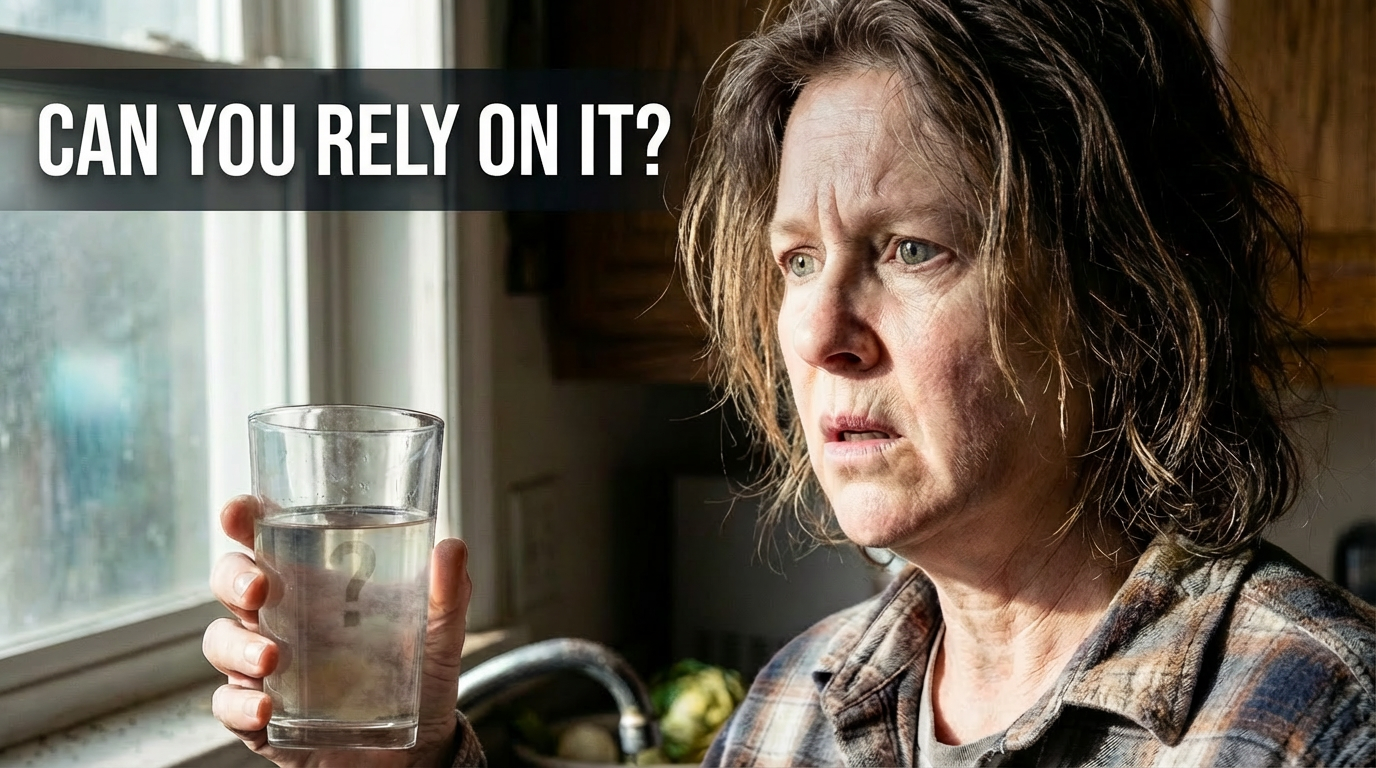 Woman holding glass of water with concerned expression illustrating household water access and reliability concerns